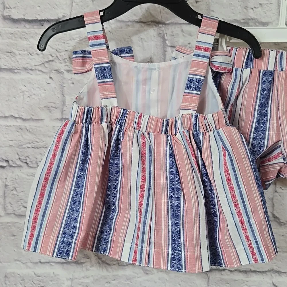 Bonnie Baby Americana Bow Stripe Woven 2pc Matching Short Set Girls Outfit 12M
